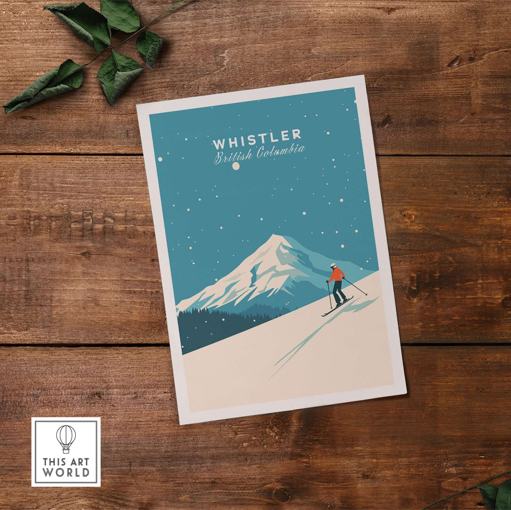 Whistler Ski Poster featuring a skier on a snowy mountain, capturing the beauty of Whistler, British Columbia.