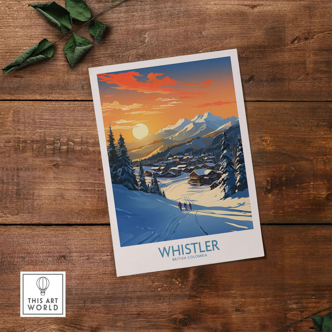 Whistler ski poster featuring snowy mountains and sunset, perfect wall art for ski enthusiasts and alpine decor lovers.