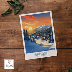 Whistler Wall Art Ski Poster showcasing a stunning ski landscape at sunset, perfect for home decor or ski enthusiasts.