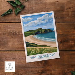 Whitesands Bay St David's Peninsula Print - Wales Travel Decor showcasing a vibrant coastal scene on wooden background.