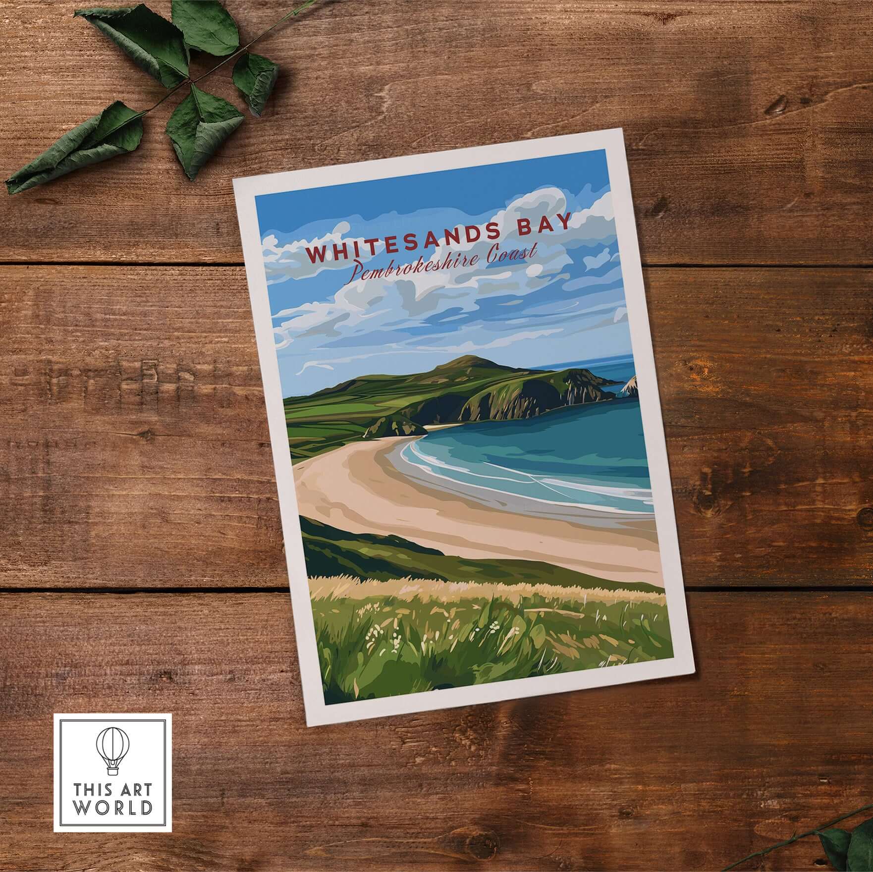 Whitesands Bay Coastal View Poster - Pembrokeshire Coast National Park Wall Art on wooden background.