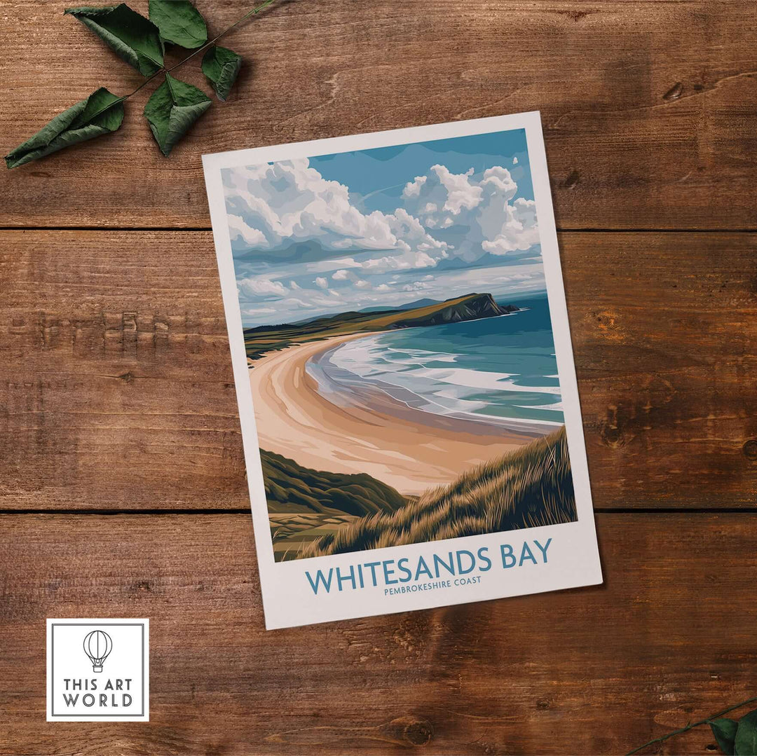Whitesands Bay Pembrokeshire poster showcasing grassy dunes and coastline, perfect for coastal decor enthusiasts.