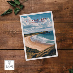 Whitesands Bay Pembrokeshire Sandy Bay Seaside Print - Welsh Coastal Wall Art displayed on a wooden table.