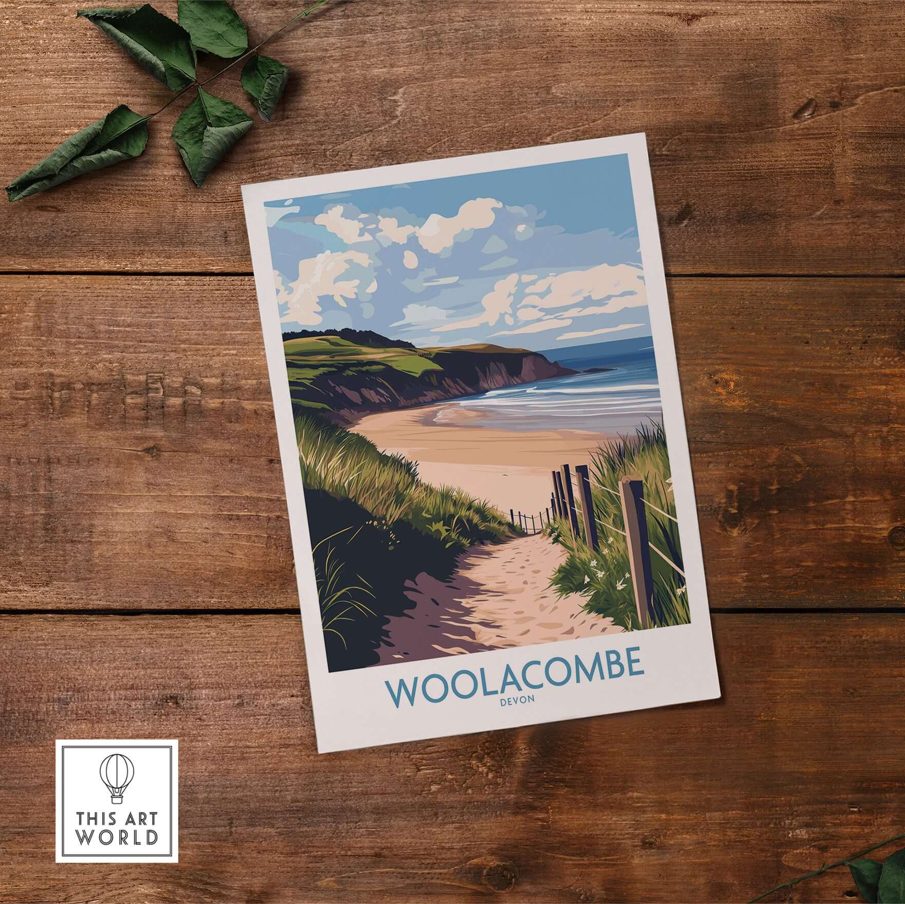 Woolacombe Devon Dunes to Ocean Poster - English Seaside Decor featuring sandy beach and vibrant coastal landscape.