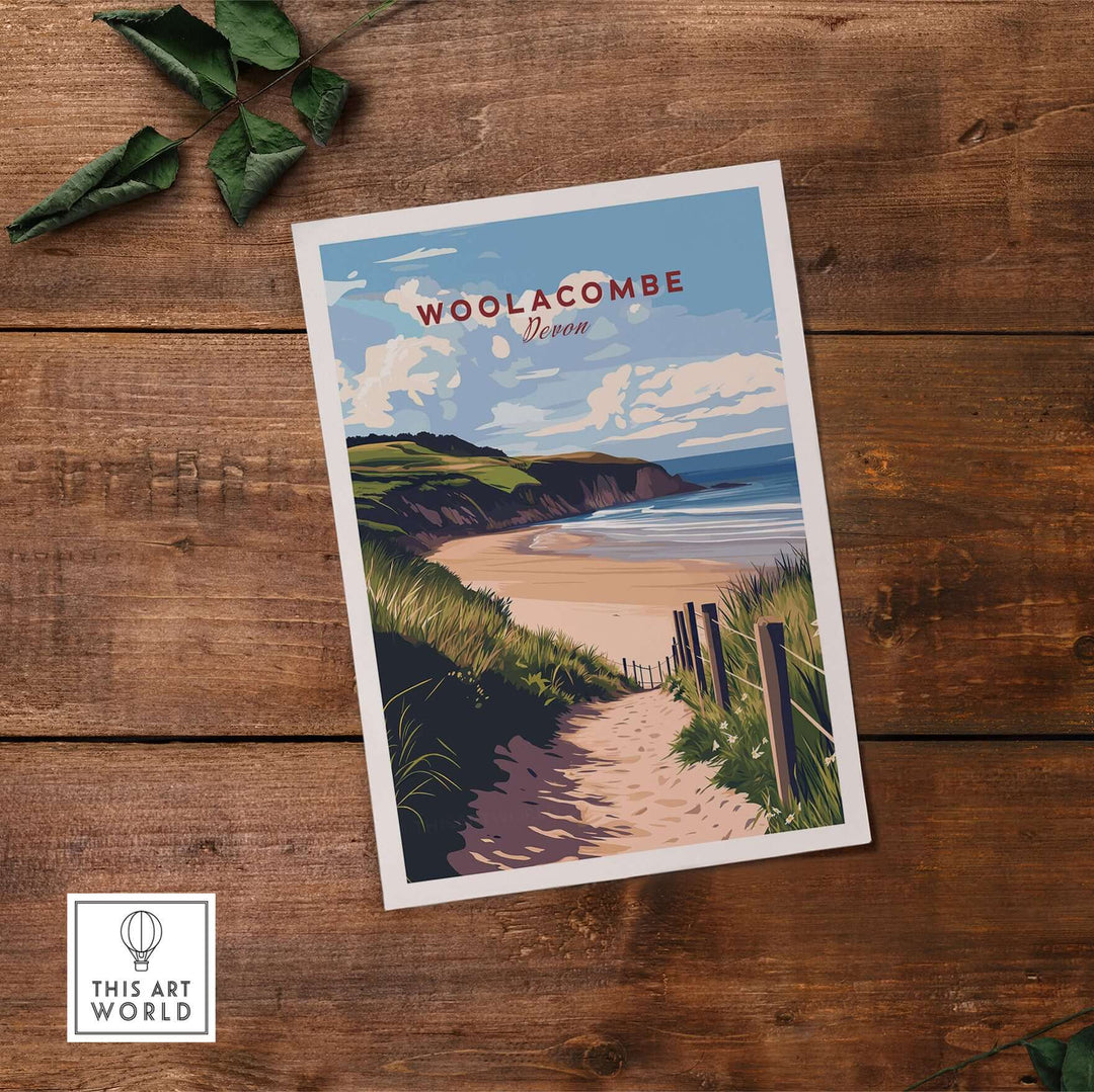 Woolacombe Beach path print showcasing coastal Devon scenery on wooden background.