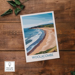 Woolacombe Devon Coastal Cliffs Wall Art - UK Travel Destination Decor displayed on a wooden surface.