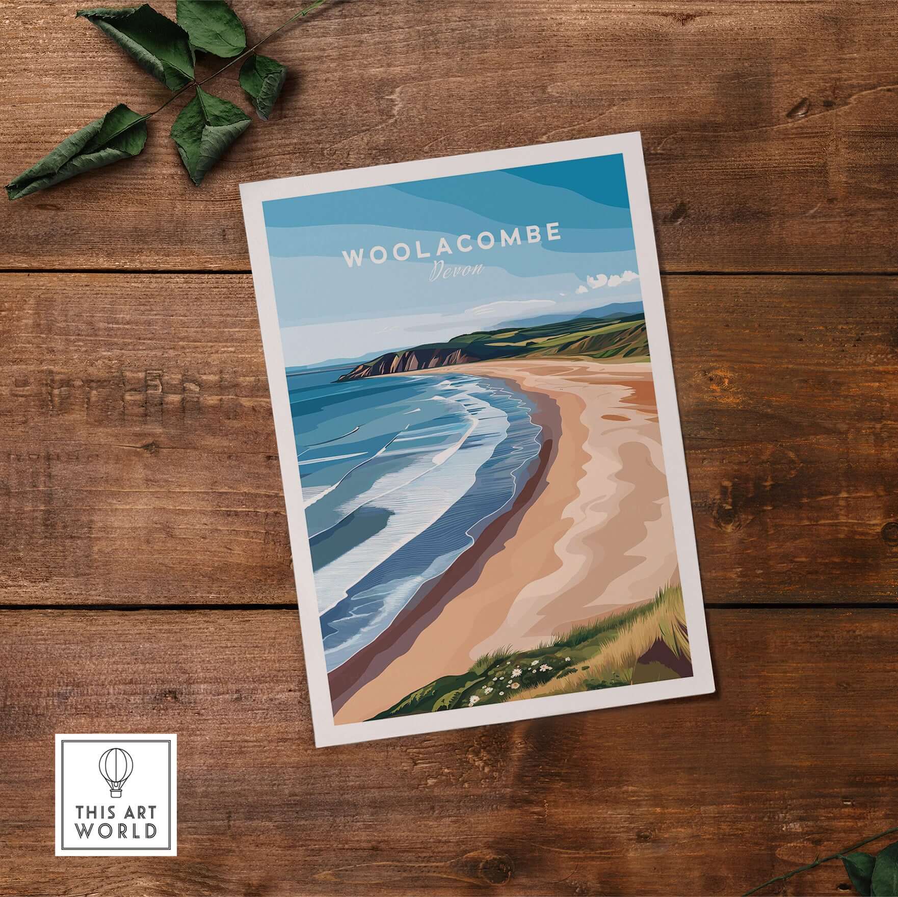 Woolacombe Devon Long Beach Sunset Poster - Rolling Waves Print on wooden surface with greenery.