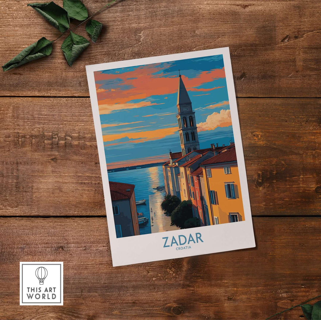Zadar Croatia Sunset Bell Tower Art Print | Old Town Seascape Poster featuring a vibrant coastal scene.