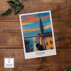Zadar Croatia Sunset Bell Tower Art Print | Old Town Seascape Poster showcases Zadar's stunning architecture at sunset.