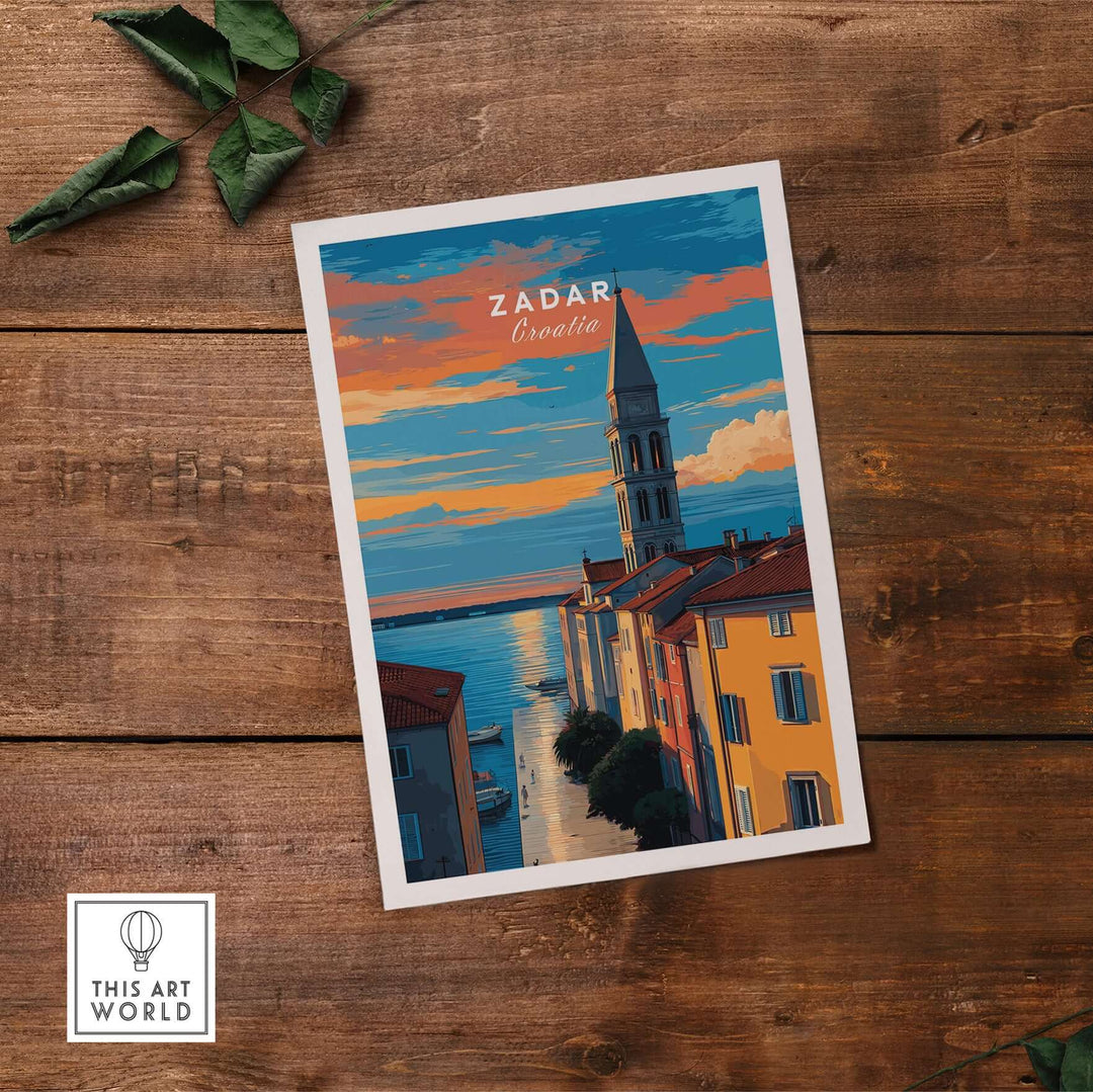 Zadar Poster - Dalmatian Coast Twilight View Print | Croatian Home Decor depicting a vibrant twilight scene over water.