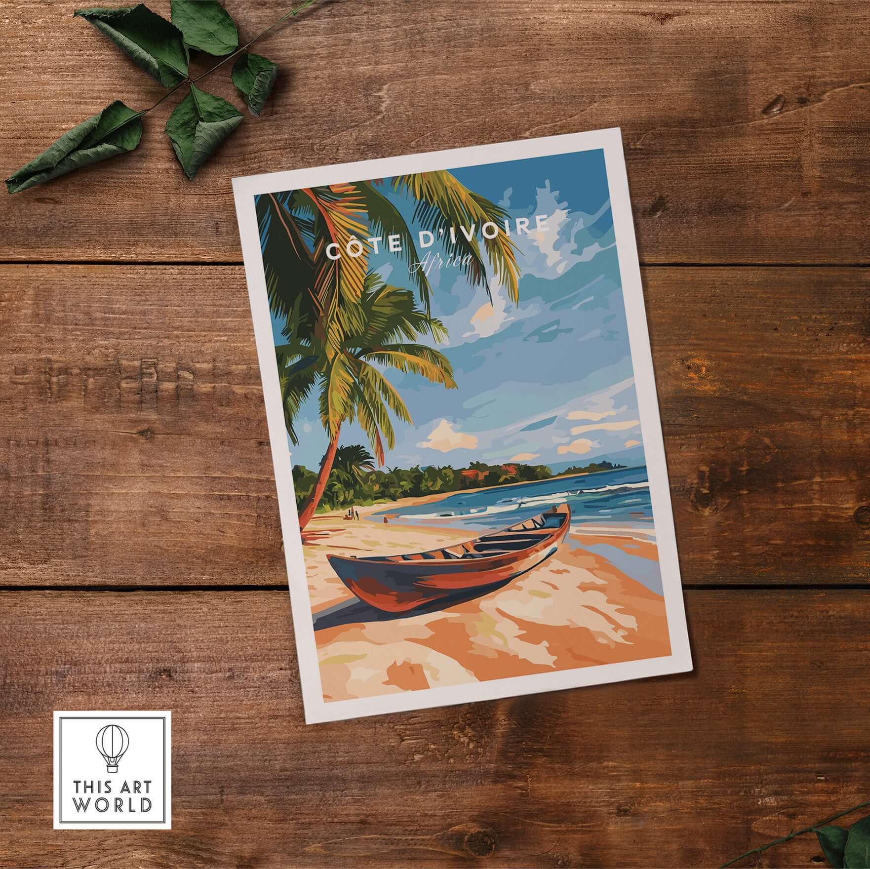 Côte d'Ivoire Beach Wall Art featuring a serene beach scene with a boat and palm trees.