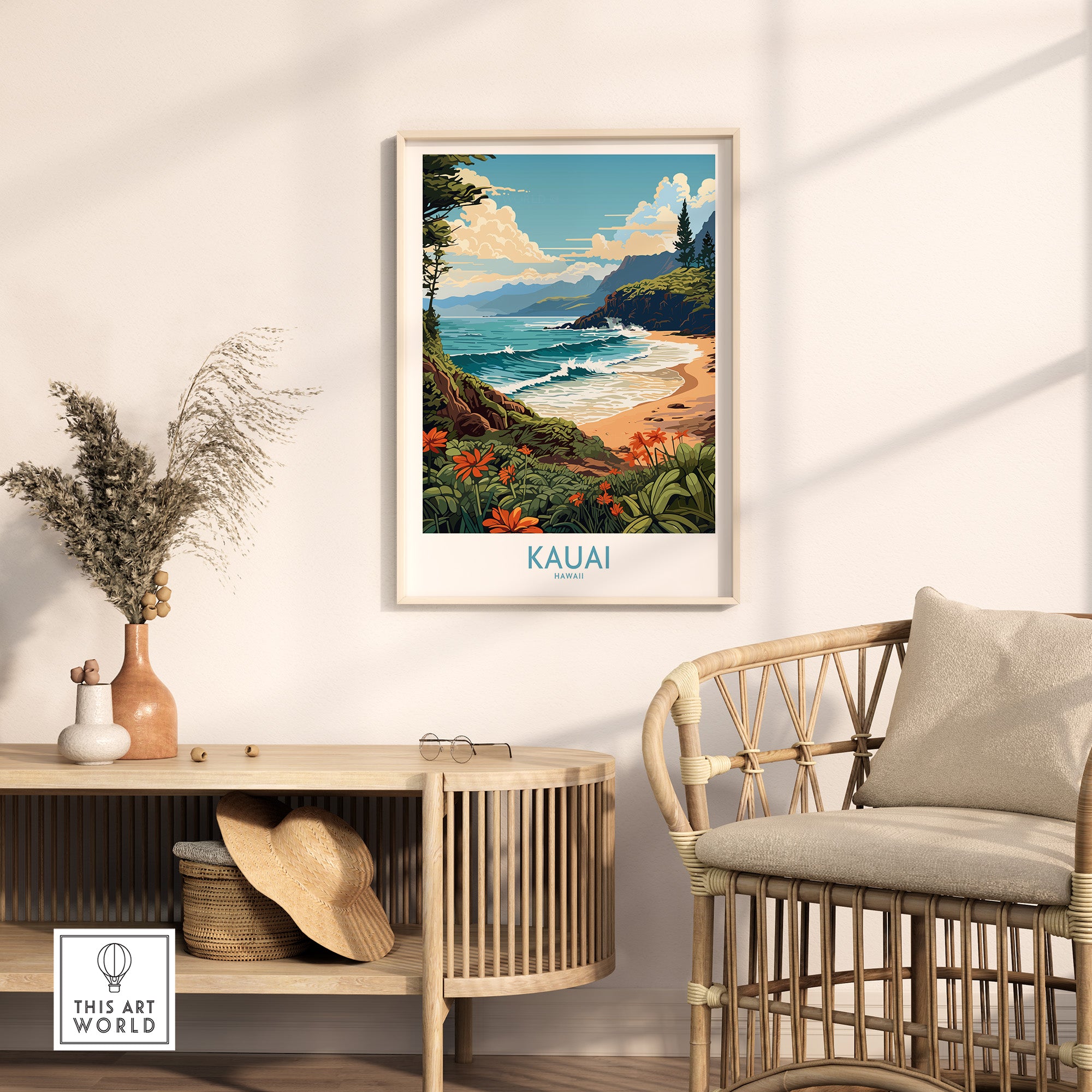 Kauai travel poster featuring lush landscapes and vibrant beaches, perfect for decor and travel enthusiasts.