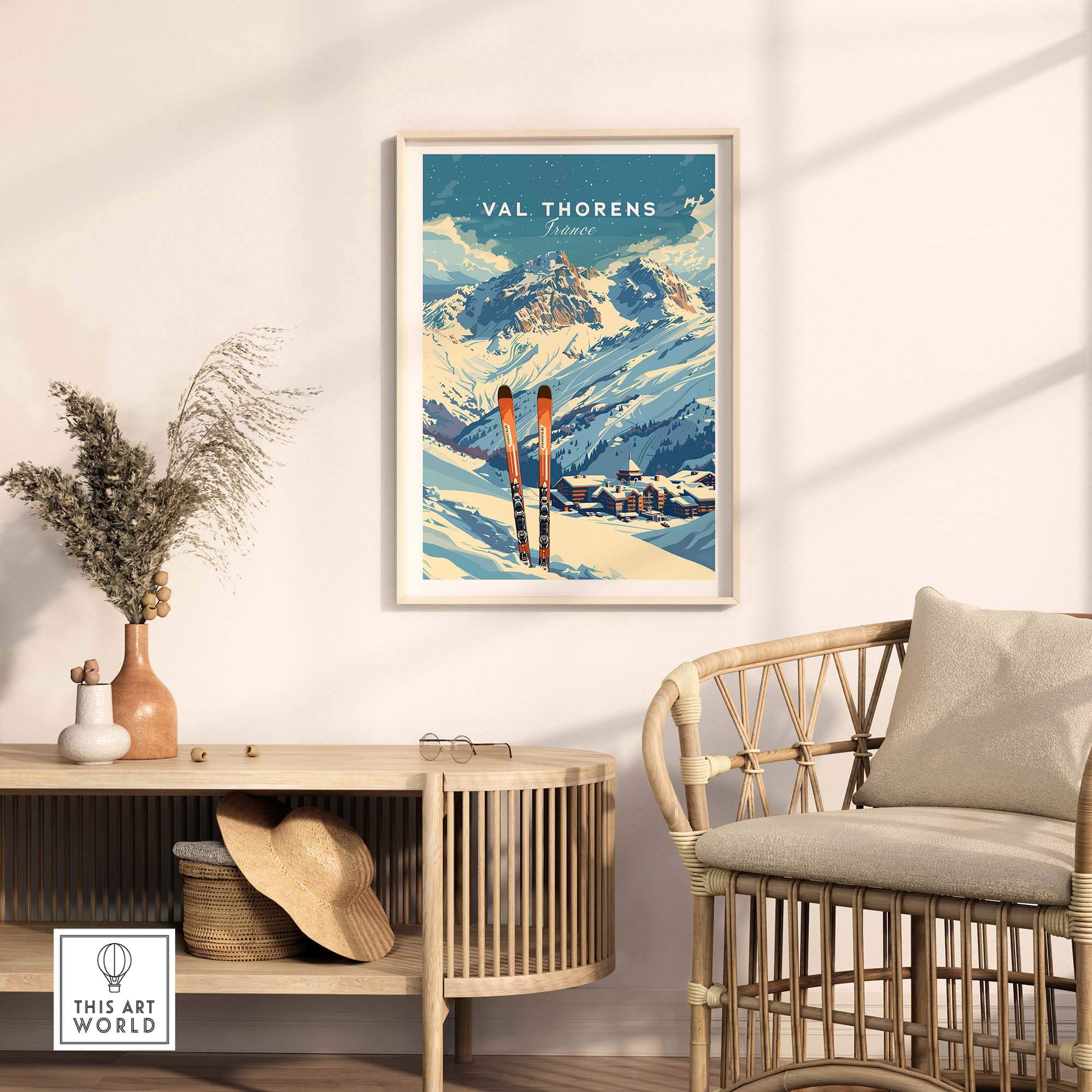 Val Thorens travel poster featuring skis and snowy mountains, perfect for ski enthusiasts and decor lovers.
