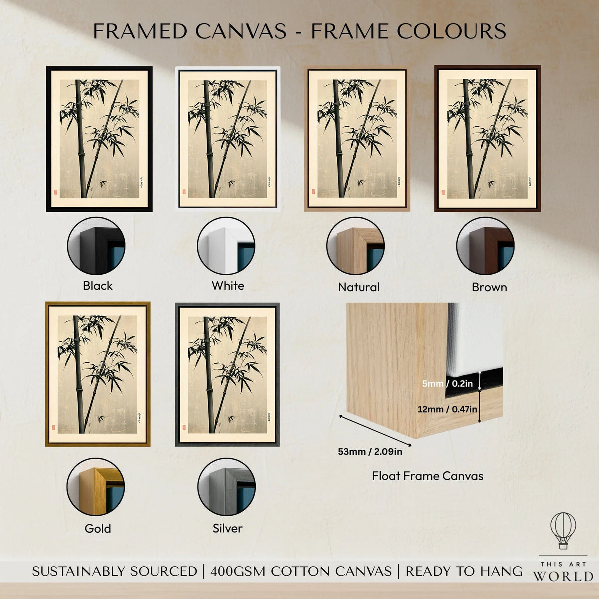 Black Bamboo Art Print – Japanese Ink Wall Art — framed canvas float frame colour options
