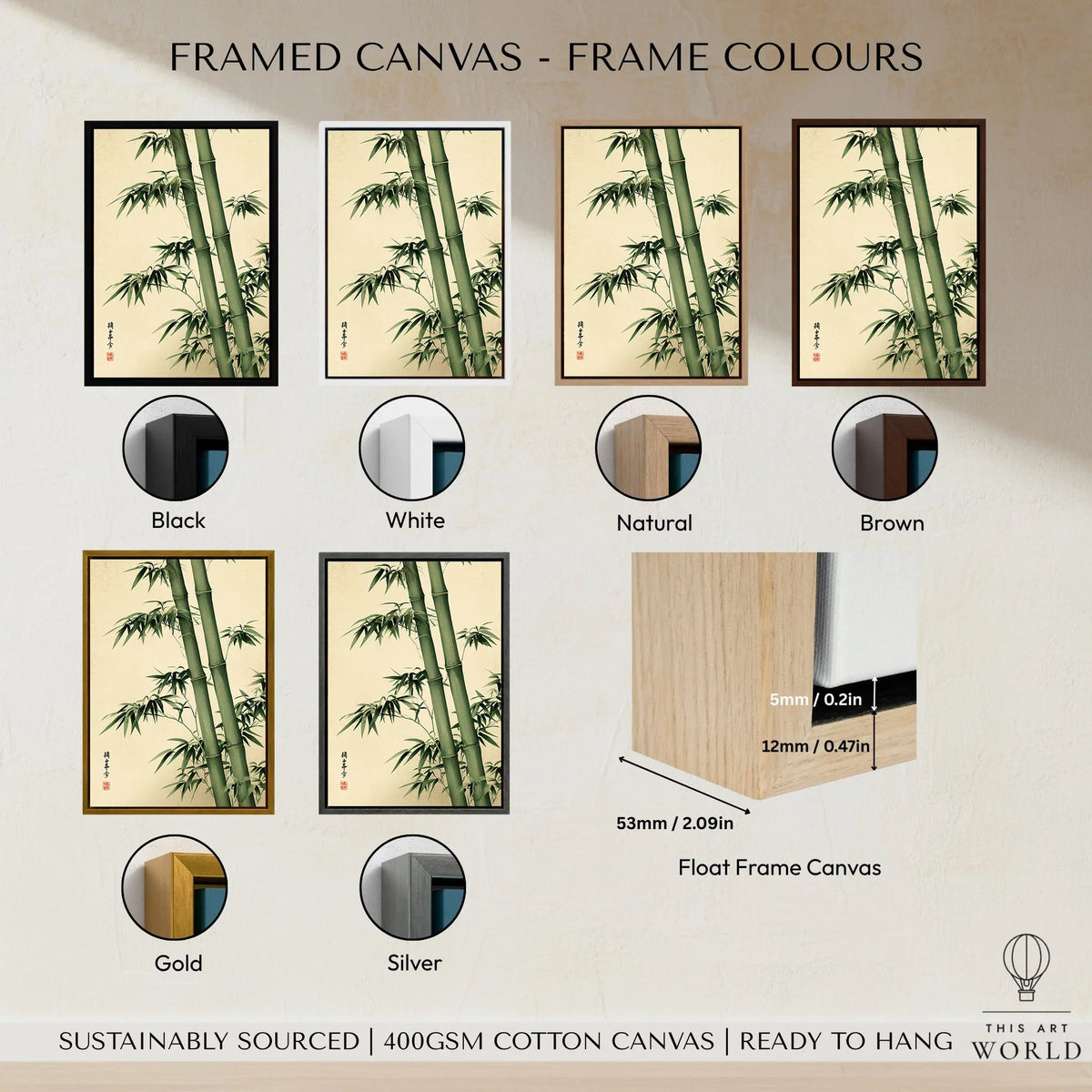 Bamboo Art Print – Green Japanese Botanical Wall Art — framed canvas float frame colour options