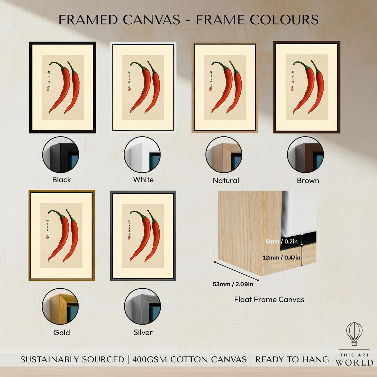 Chilli Pepper Wall Art – Minimalist Japanese Kitchen Print — framed canvas float frame colour options