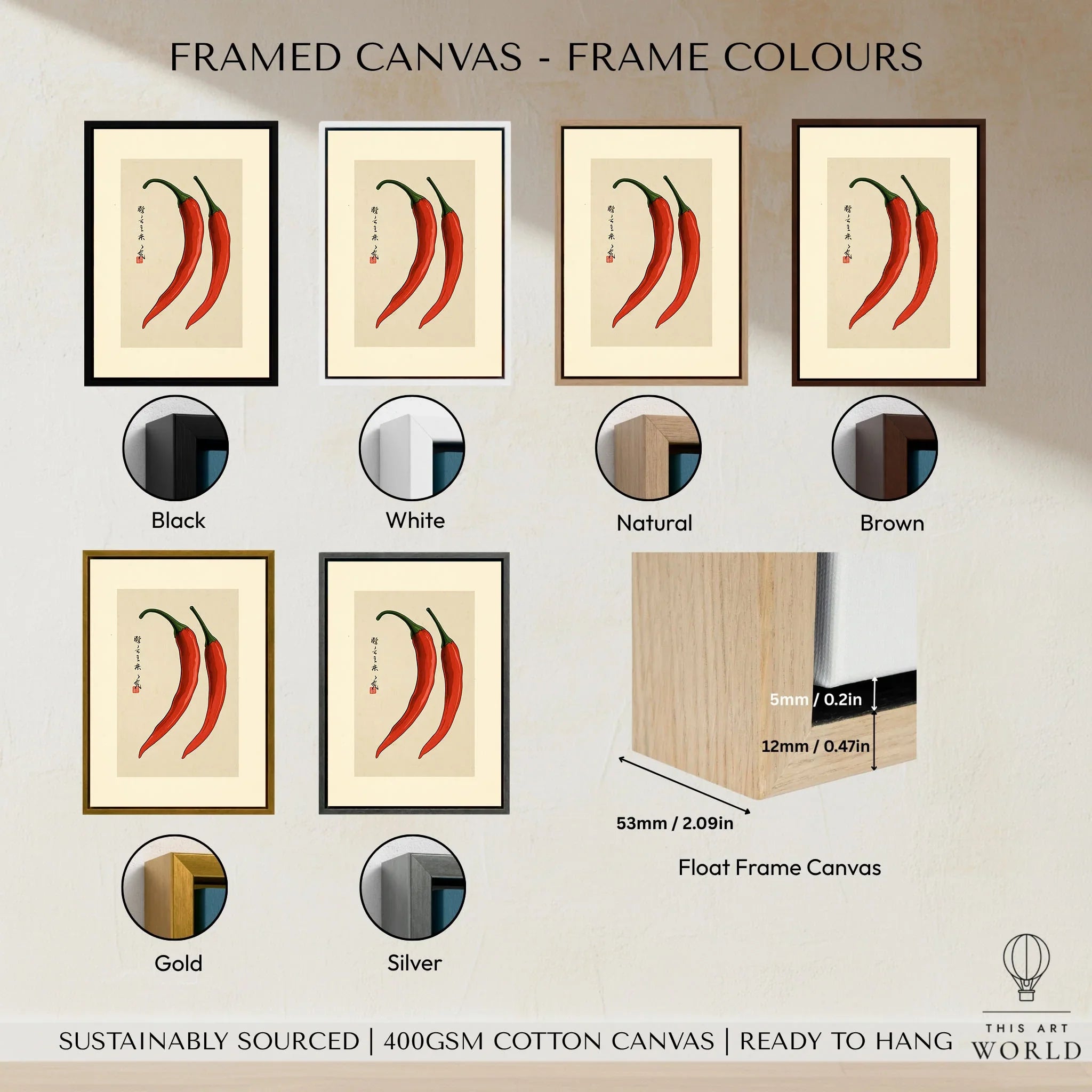 Chilli Pepper Wall Art – Minimalist Japanese Kitchen Print — framed canvas float frame colour options
