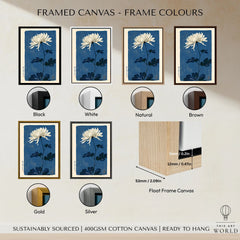 Chrysanthemum Art Print – Blue Japanese Botanical Wall Art — framed canvas float frame colour options