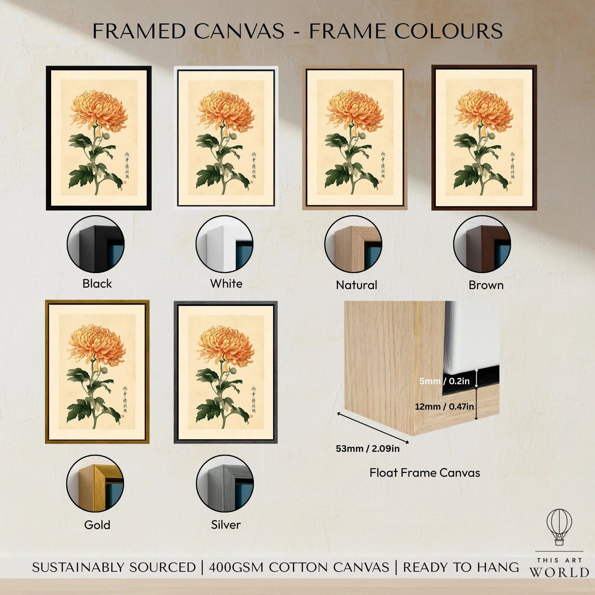 Orange Chrysanthemum Art Print – Vintage Japanese Wall Art — framed canvas float frame colour options