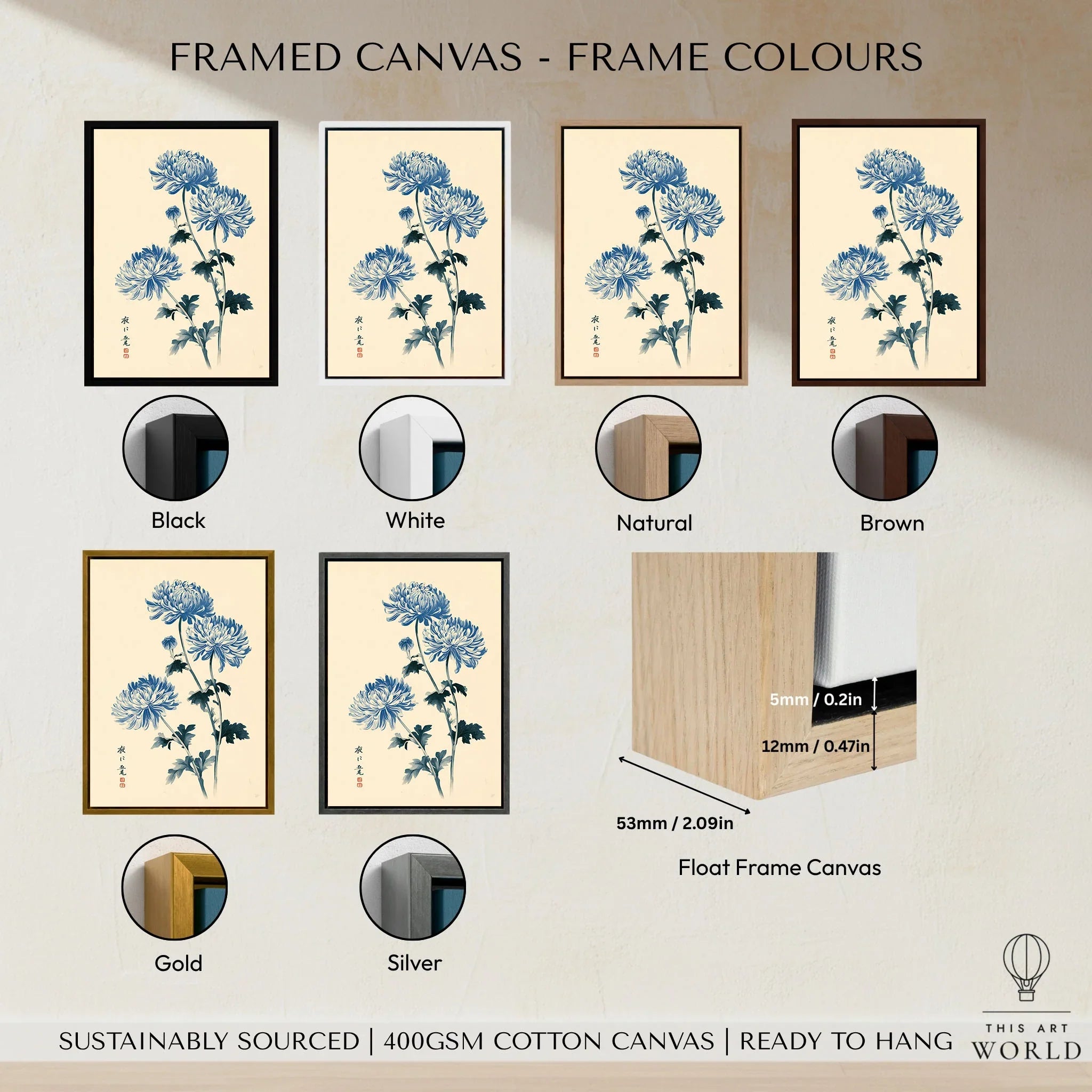 Blue Chrysanthemum Art Print – Japanese Botanical Wall Art — framed canvas float frame colour options