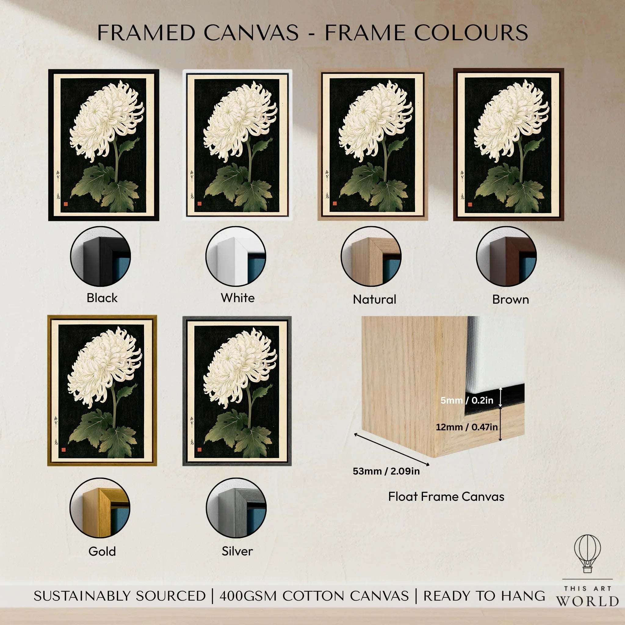 White Chrysanthemum Wall Art – Black Japanese Botanical Print — framed canvas float frame colour options