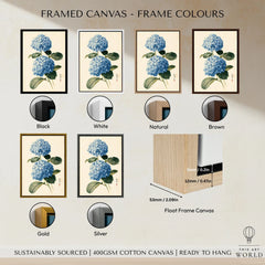 Blue Hydrangea Art Print – Japanese Botanical Wall Art — framed canvas float frame colour options