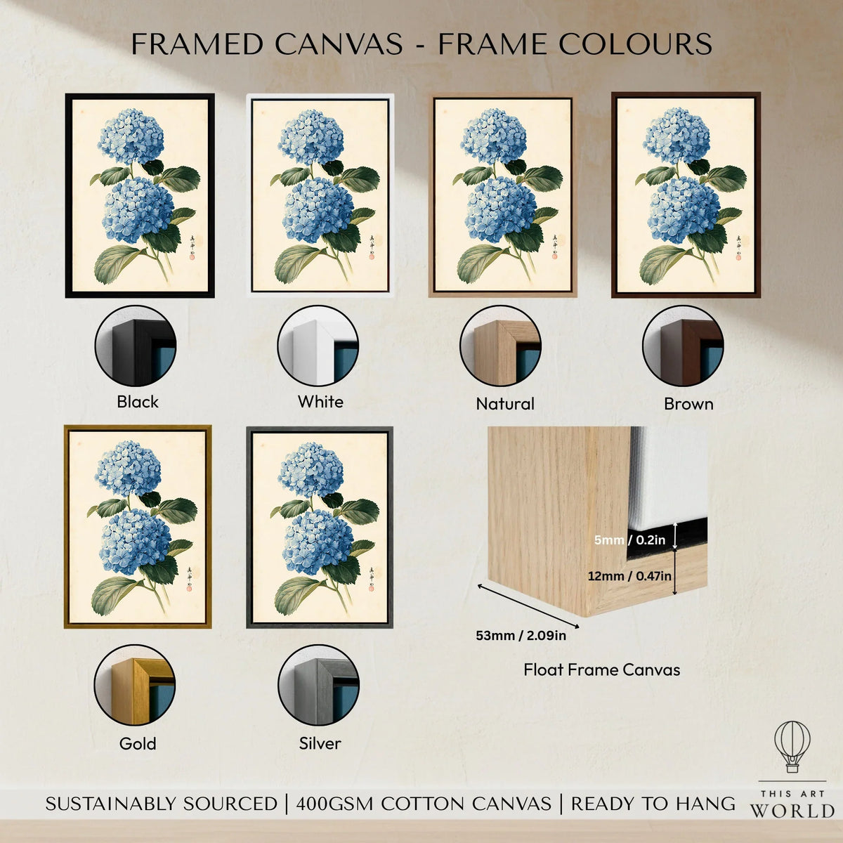 Blue Hydrangea Art Print – Japanese Botanical Wall Art — framed canvas float frame colour options