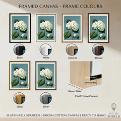 White Hydrangea Wall Art – Blue Japanese Botanical Print — framed canvas float frame colour options