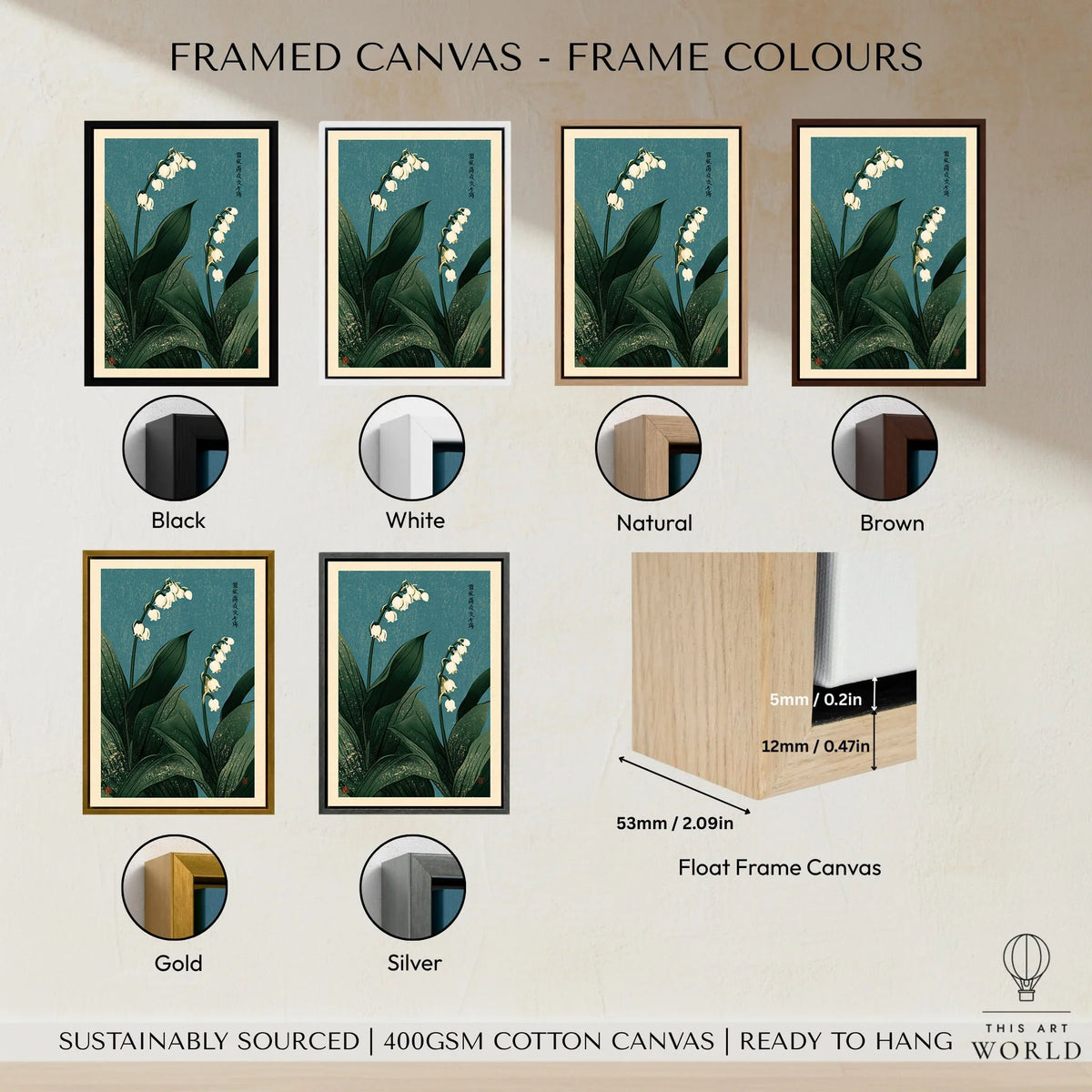 Lily of the Valley Wall Art – Vintage Japanese Botanical Print — framed canvas float frame colour options