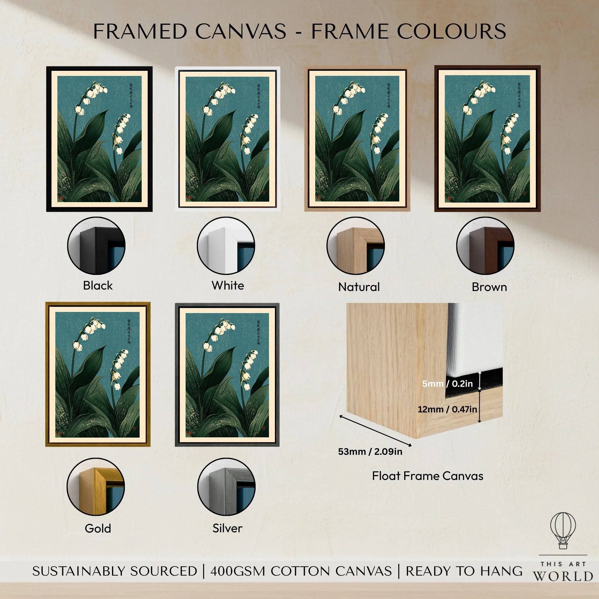 Lily of the Valley Wall Art – Vintage Japanese Botanical Print — framed canvas float frame colour options