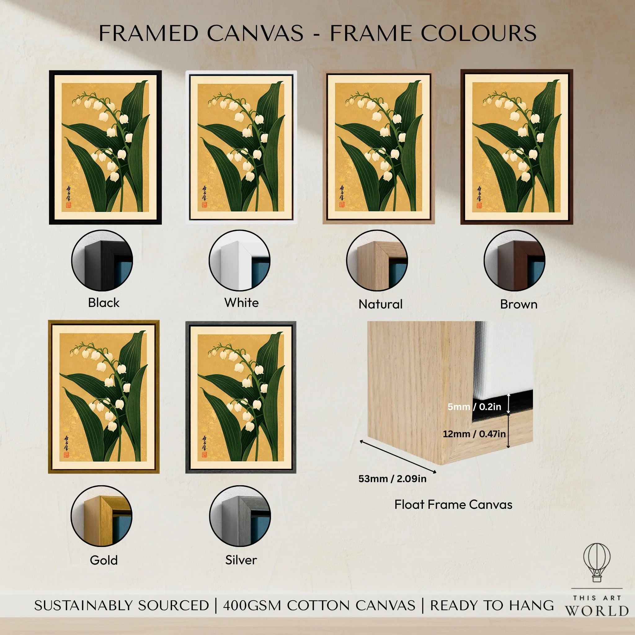 Lily of the Valley Print – Gold Japanese Botanical Wall Art — framed canvas float frame colour options