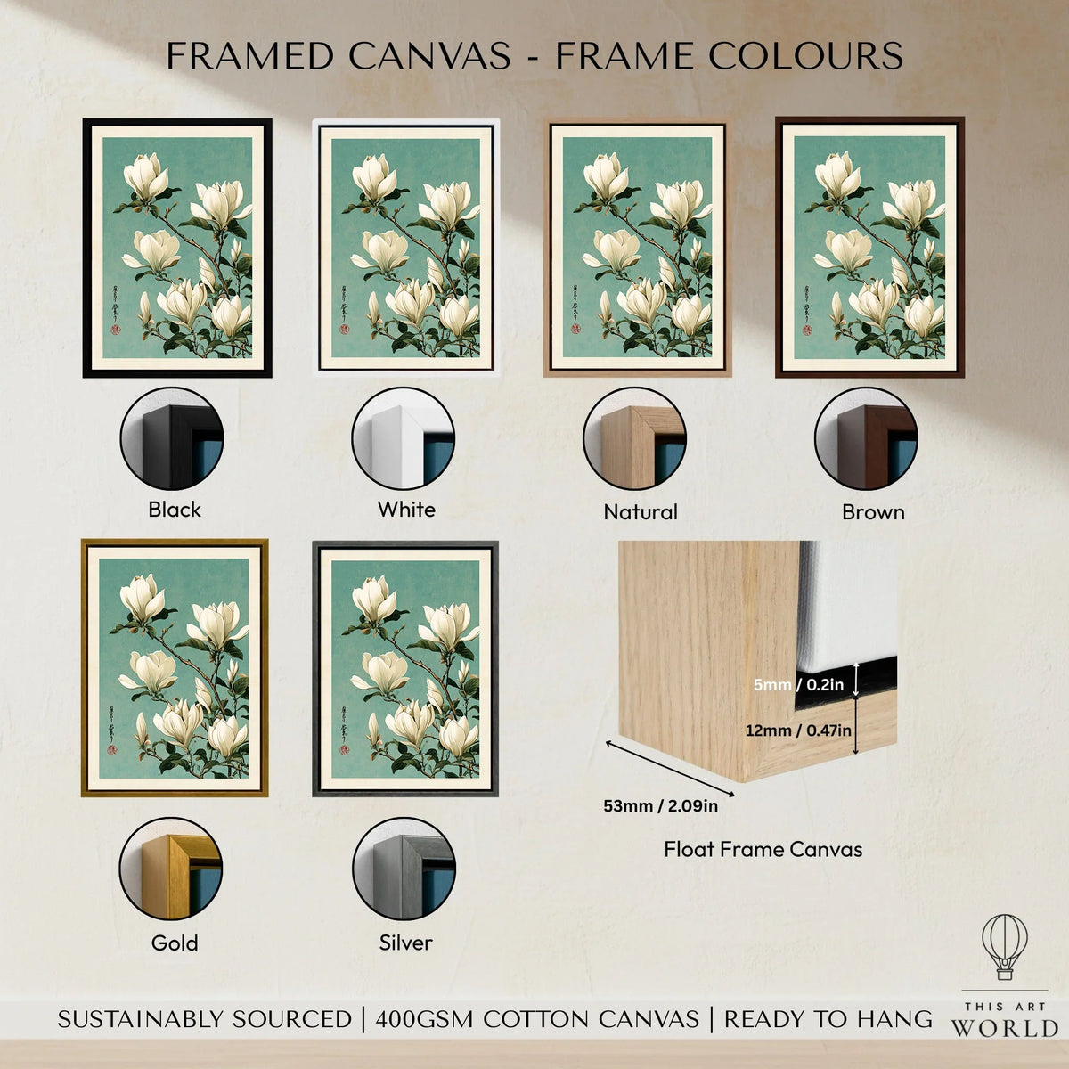 Magnolia Art Print – Blue Japanese Botanical Wall Art — framed canvas float frame colour options