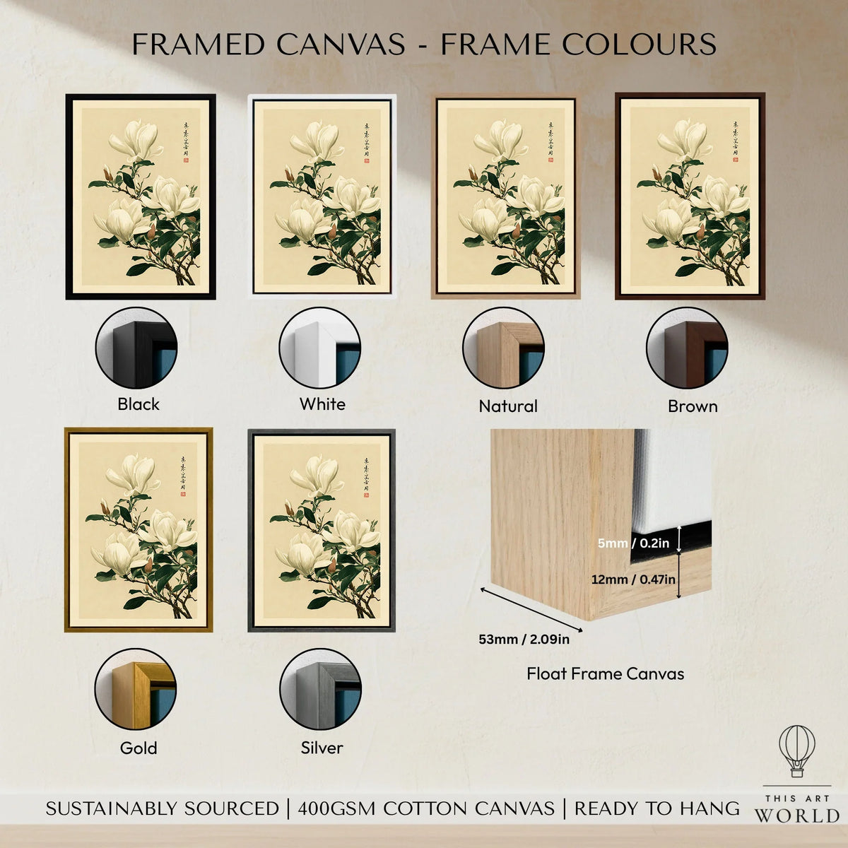 Magnolia Wall Art – Vintage Japanese Botanical Print — framed canvas float frame colour options
