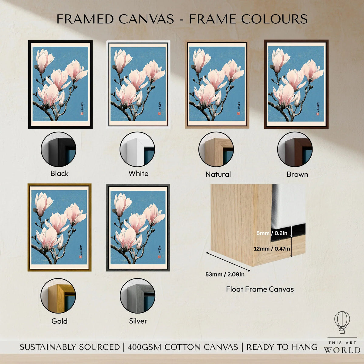 Pink Magnolia Art Print – Blue Japanese Botanical Wall Art — framed canvas float frame colour options