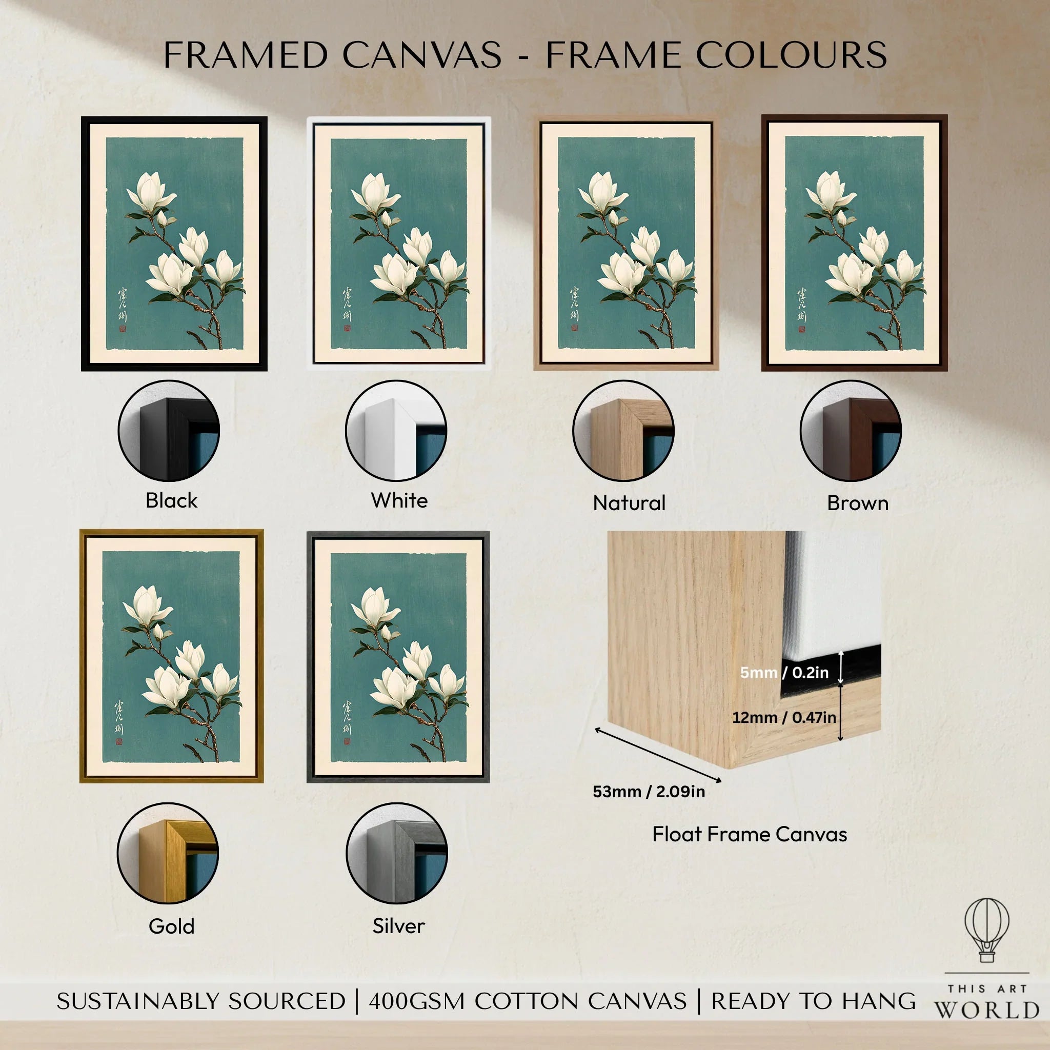 White Magnolia Art Print – Teal Japanese Botanical Wall Art — framed canvas float frame colour options