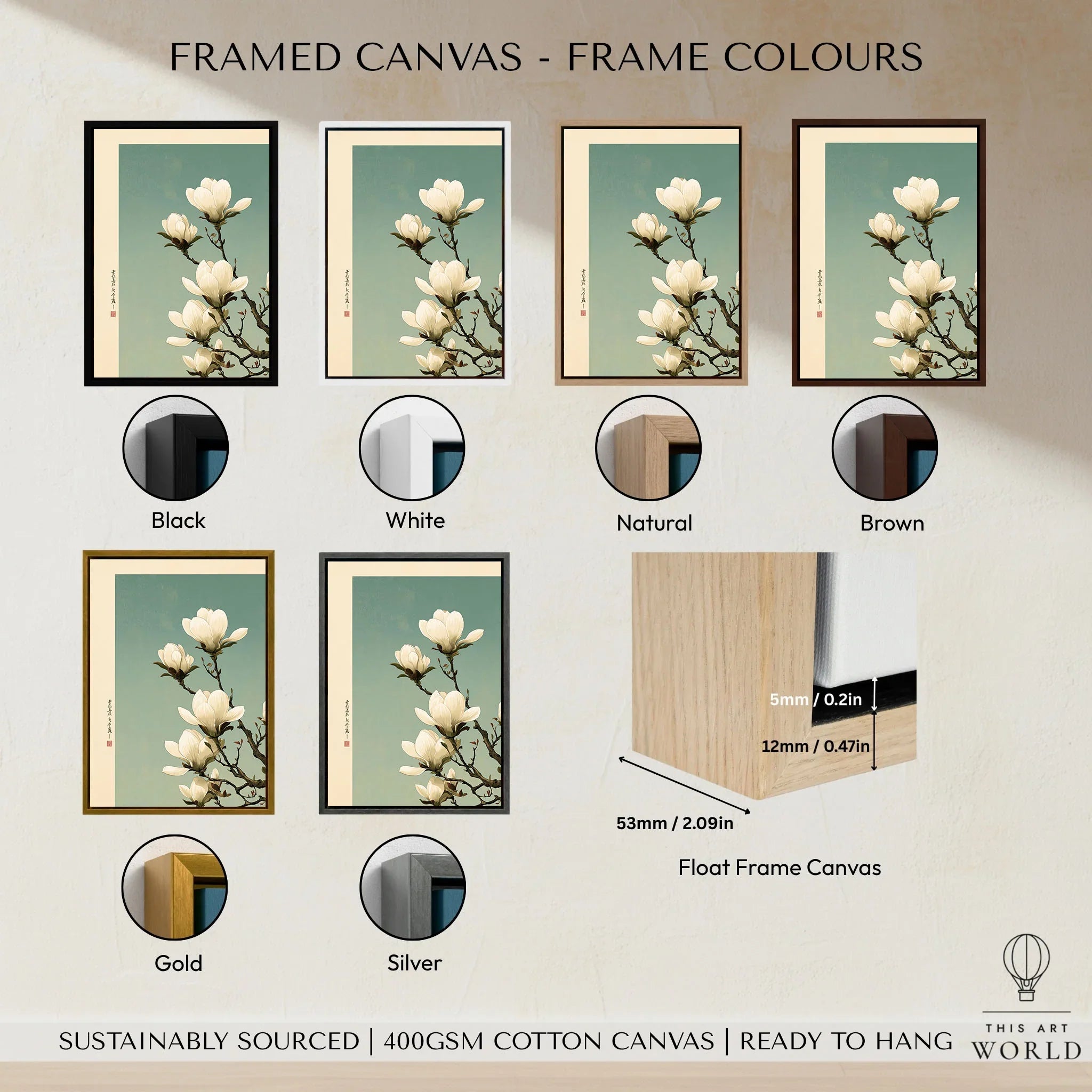 Magnolia Blossom Art Print – Soft Japanese Botanical Wall Art — framed canvas float frame colour options