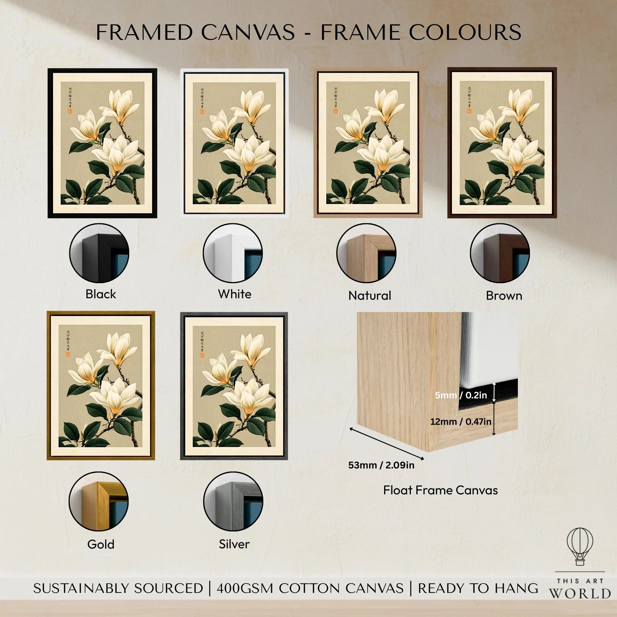 Magnolia Flower Wall Art – Neutral Japanese Botanical Print — framed canvas float frame colour options