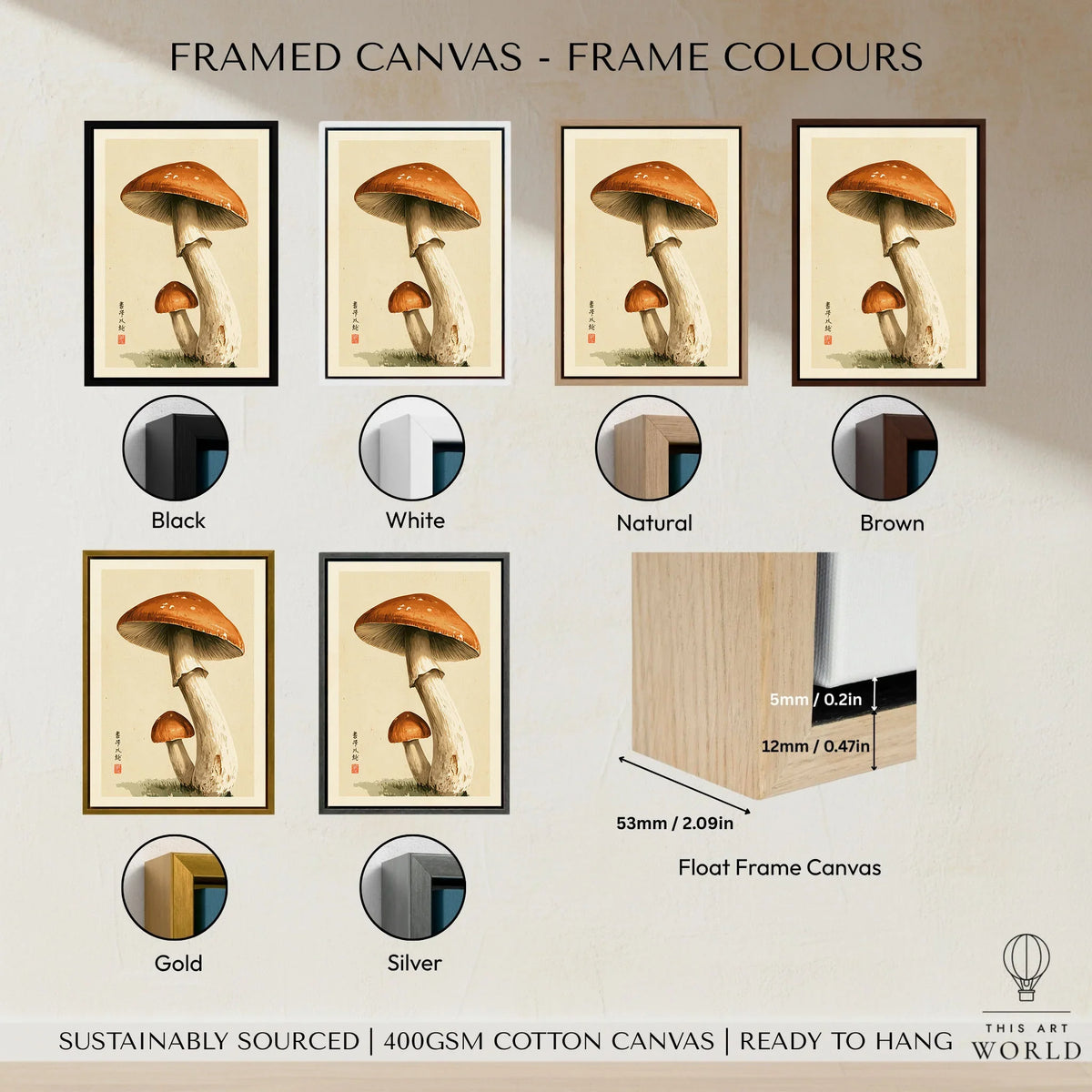 Mushroom Wall Art – Vintage Japanese Woodland Print — framed canvas float frame colour options