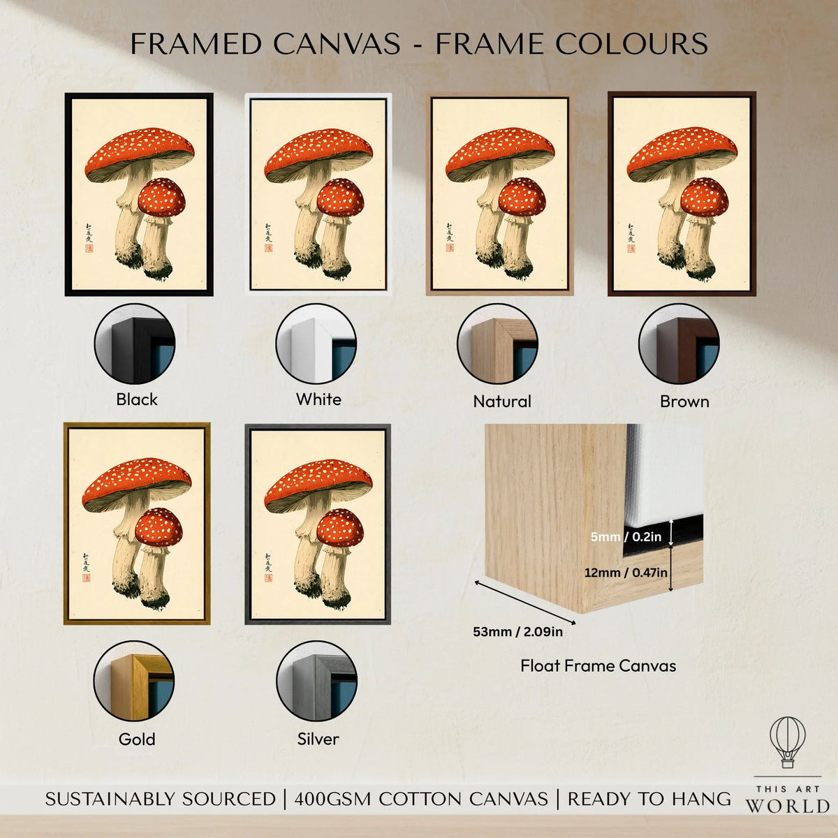 Fly Agaric Mushroom Art Print – Red Japanese Wall Art — framed canvas float frame colour options
