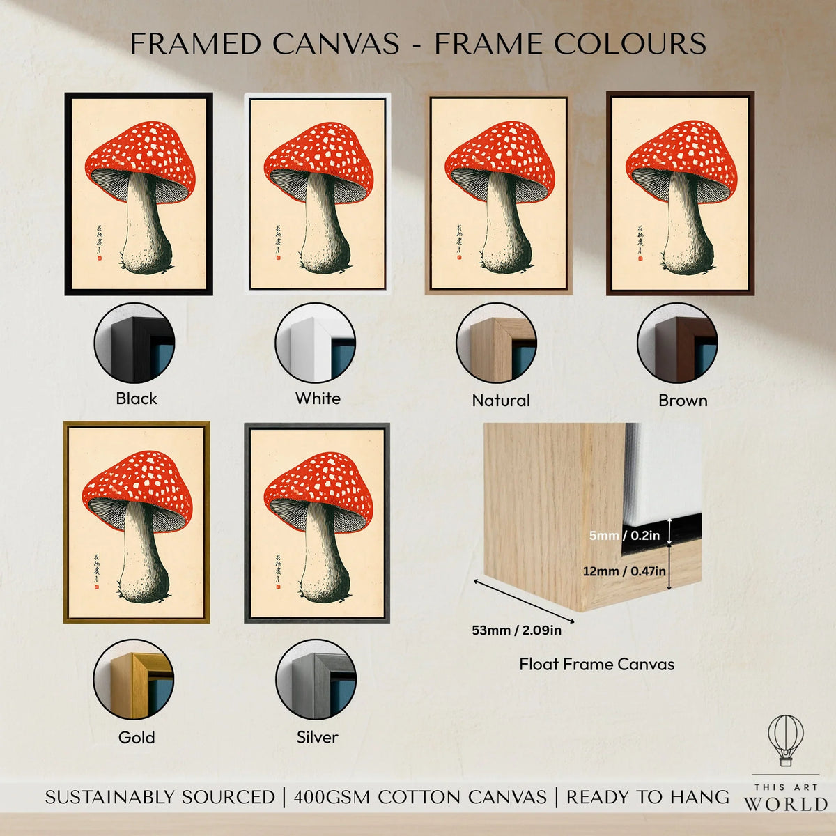 Red Mushroom Art Print – Japanese Woodblock Wall Art — framed canvas float frame colour options