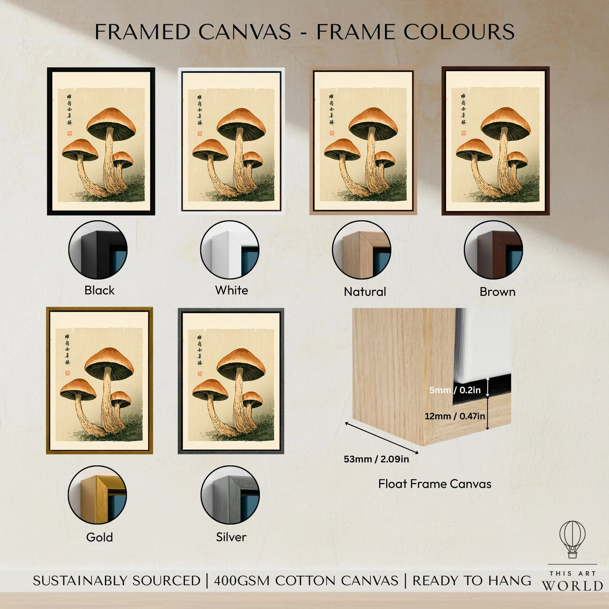 Mushroom Print – Japanese Forest Botanical Wall Art — framed canvas float frame colour options