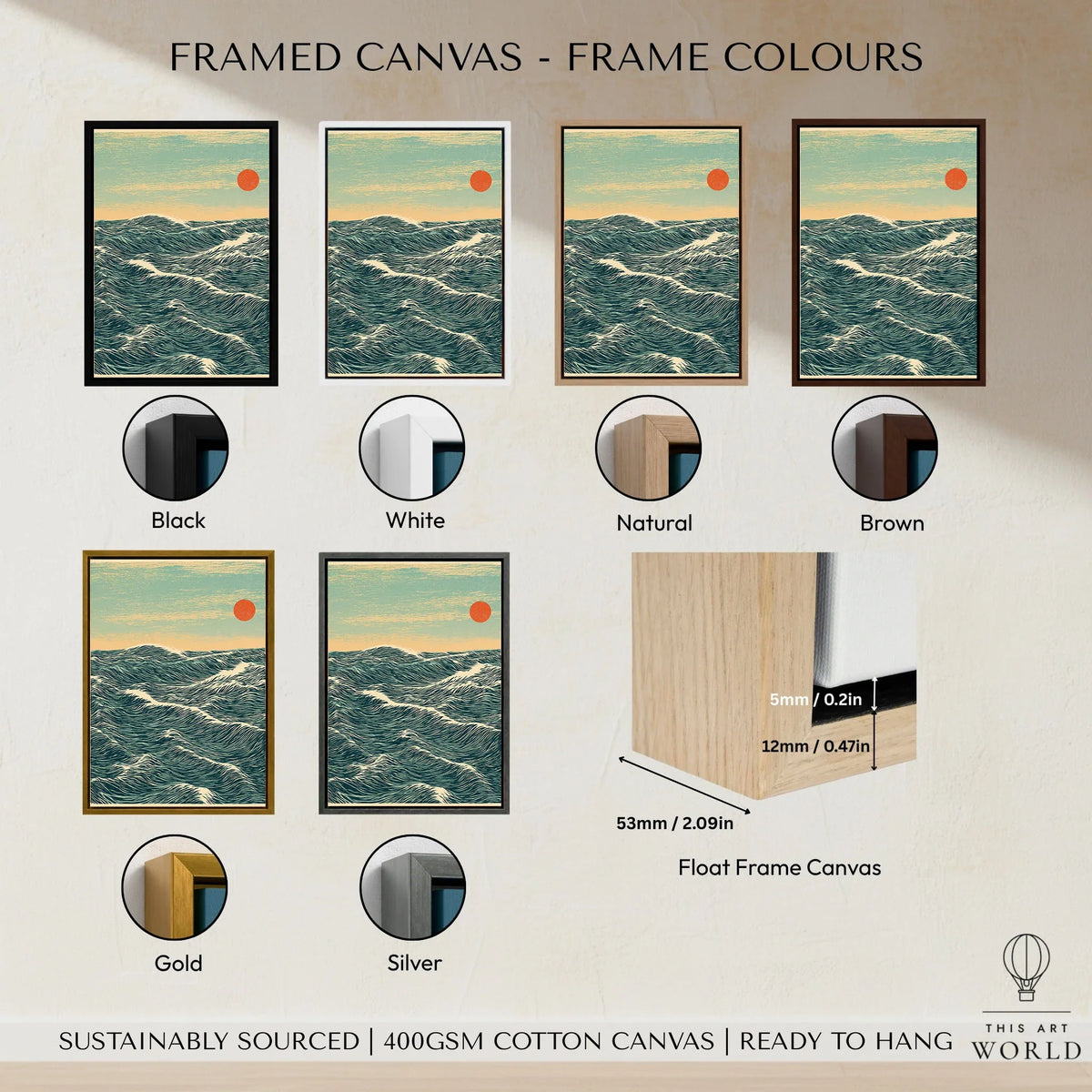 Red Sun Ocean Art Print – Japanese Seascape Wall Art — framed canvas float frame colour options