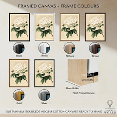 White Peony Art Print – Vintage Japanese Botanical Wall Art — framed canvas float frame colour options
