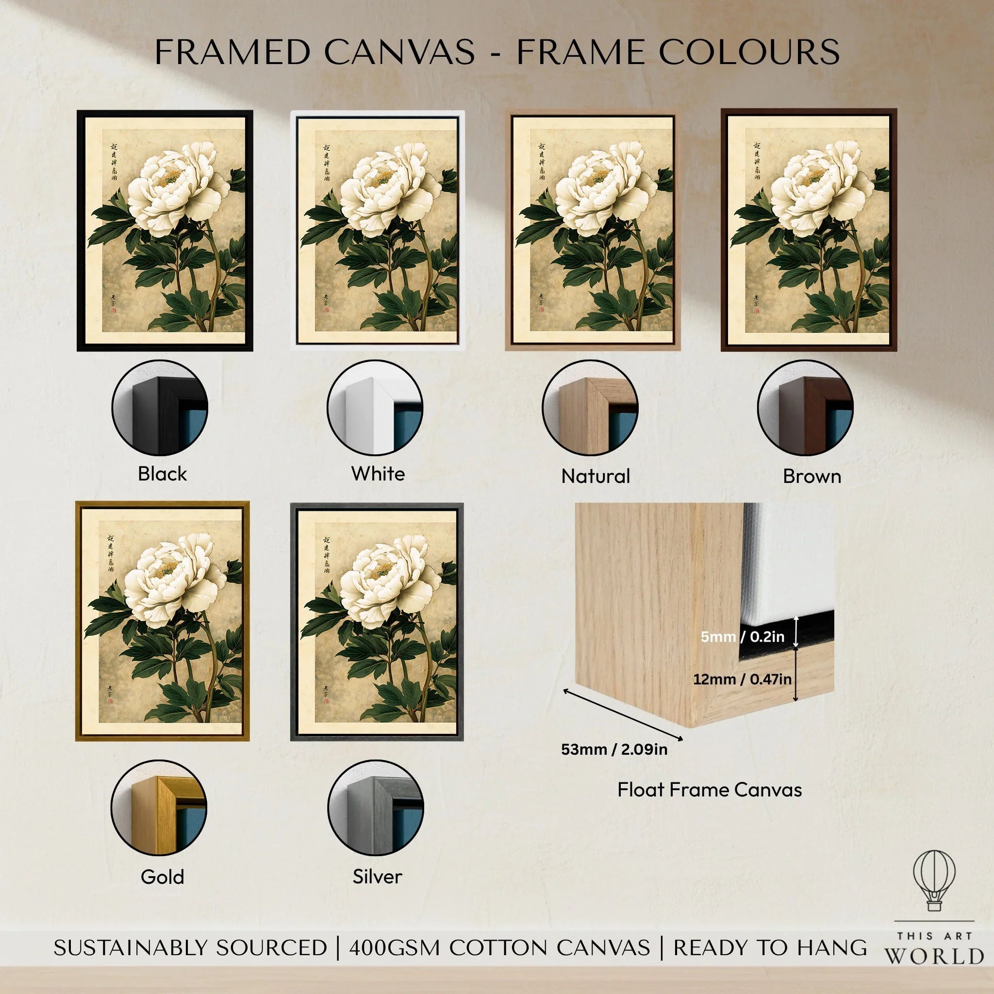 Peony Wall Art – Vintage Japanese Flower Print — framed canvas float frame colour options