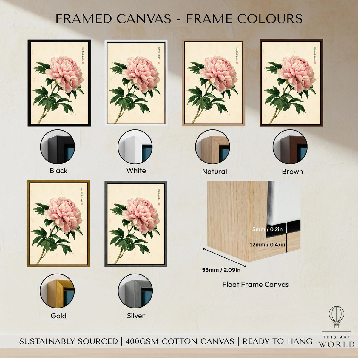 Pink Peony Art Print – Japanese Botanical Wall Art — framed canvas float frame colour options