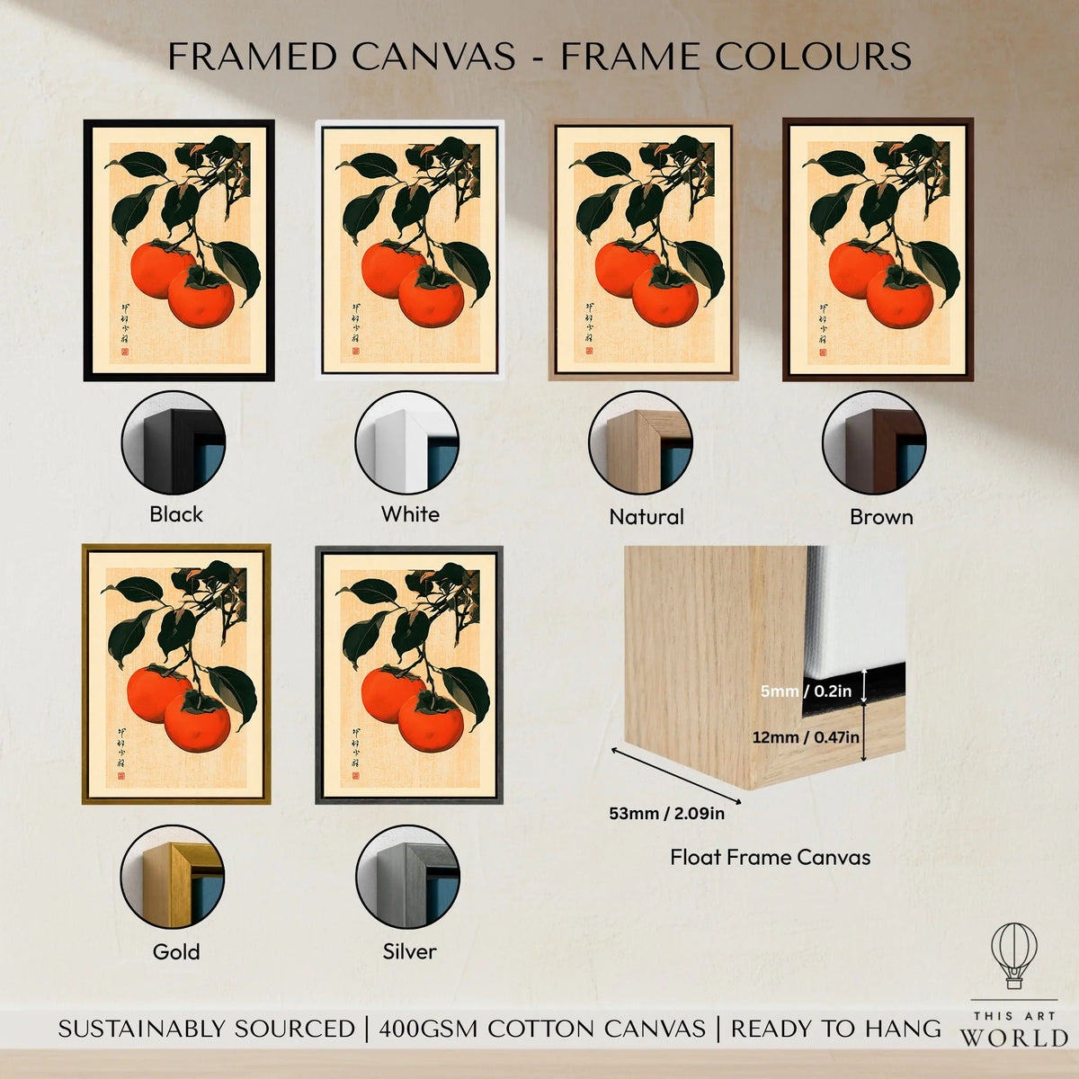 Persimmon Art Print – Japanese Botanical Kitchen Wall Art — framed canvas float frame colour options