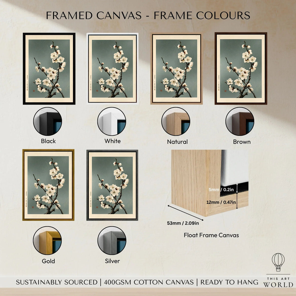 White Plum Blossom Art Print – Japanese Botanical Wall Art — framed canvas float frame colour options