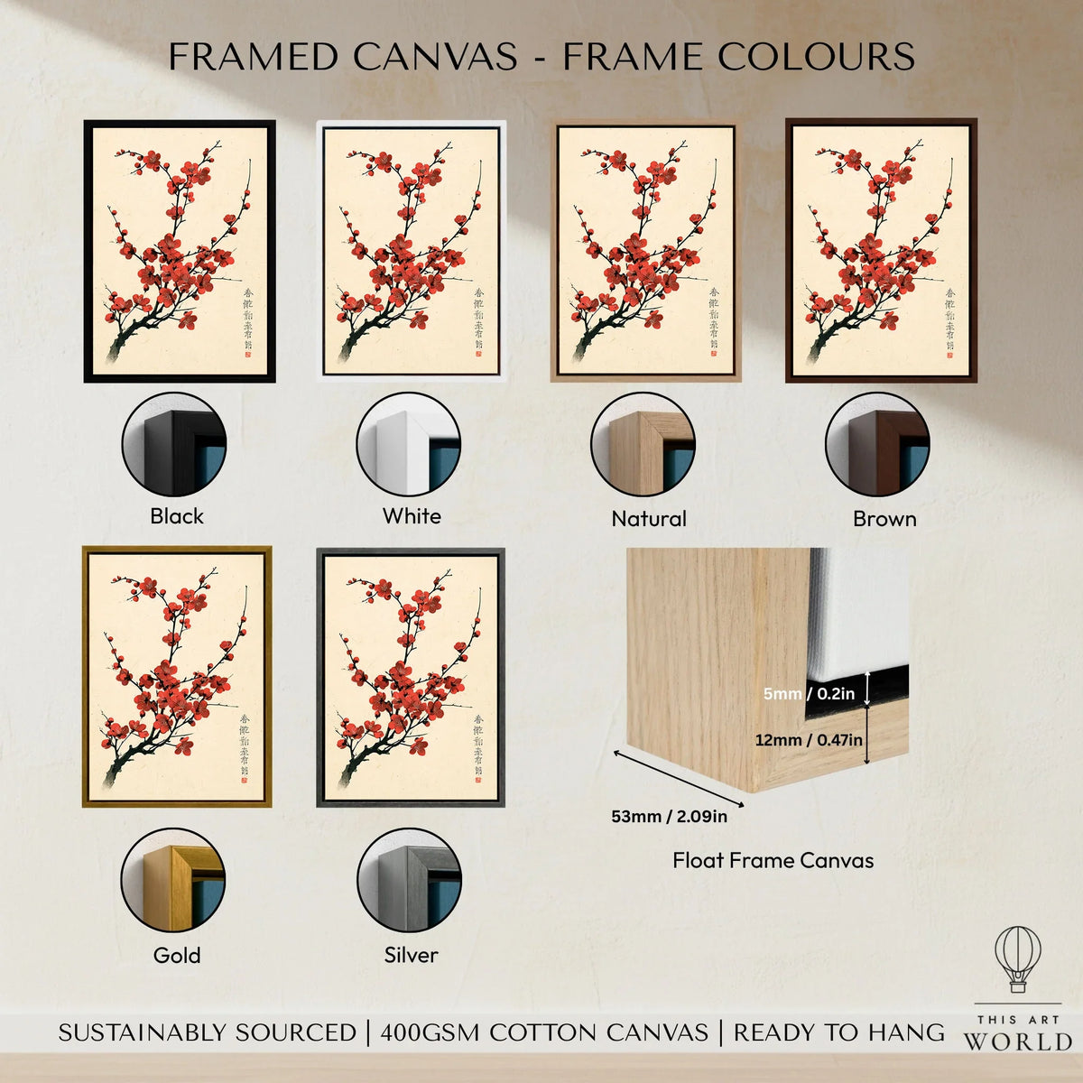 Red Blossom Art Print – Vintage Japanese Plum Wall Art — framed canvas float frame colour options