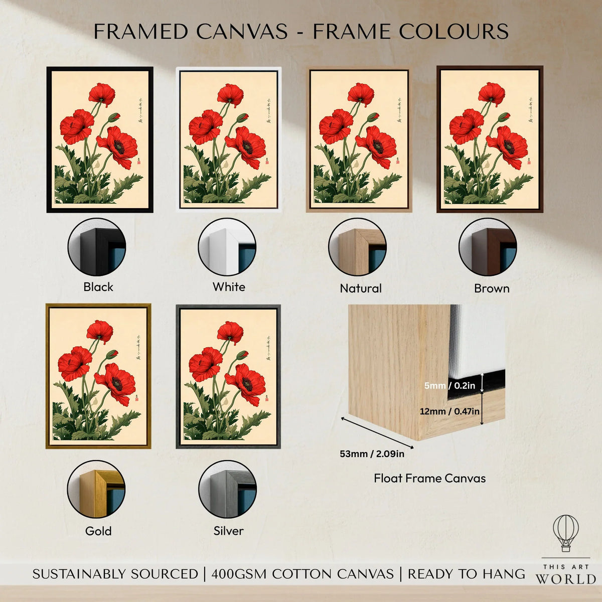 Red Poppy Art Print – Japanese Botanical Wall Art — framed canvas float frame colour options