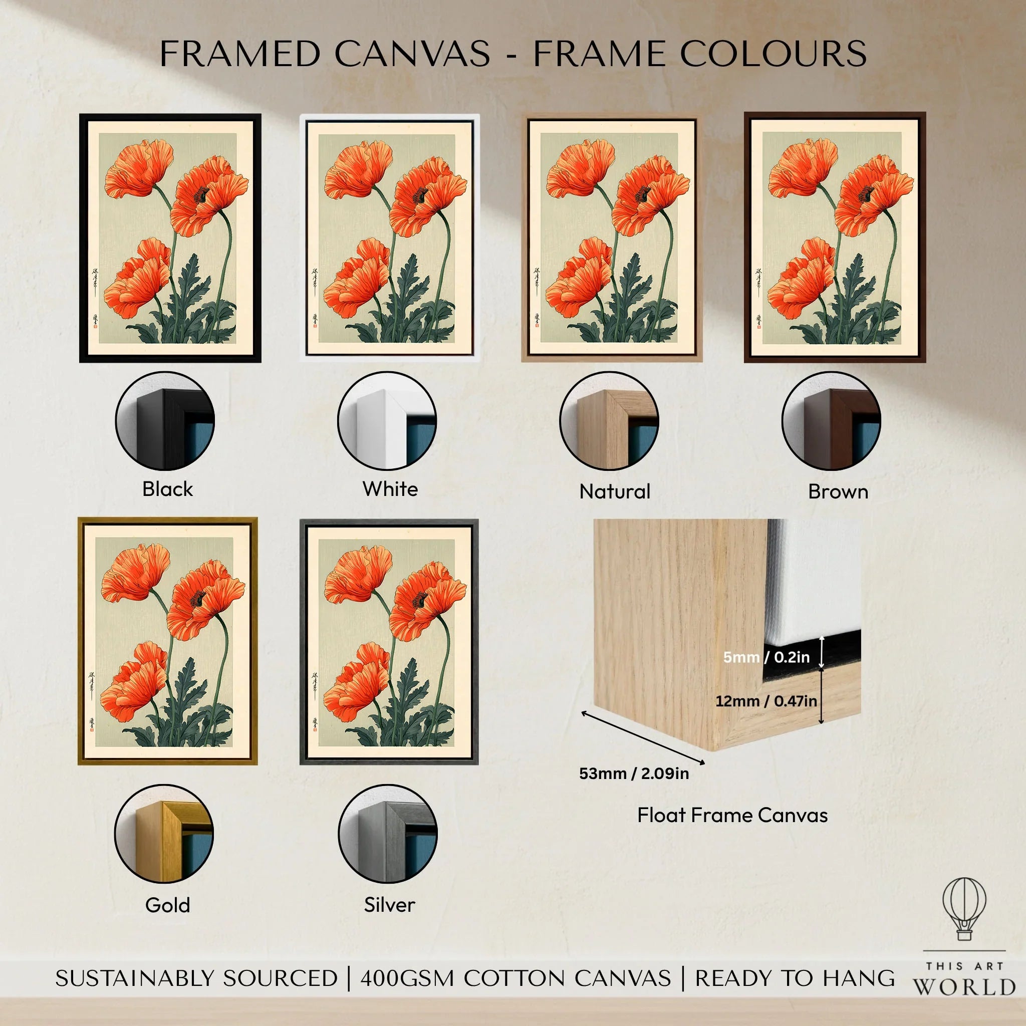 Orange Poppy Art Print – Vintage Japanese Floral Wall Art — framed canvas float frame colour options